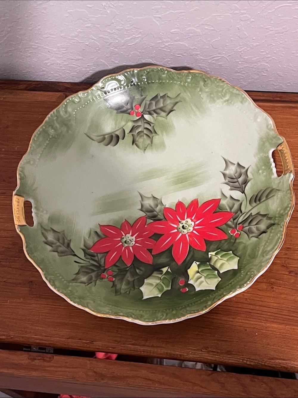 Lefton Poinsettia Limited Edition Porcelain Plate with Handle Gold Trim RARE